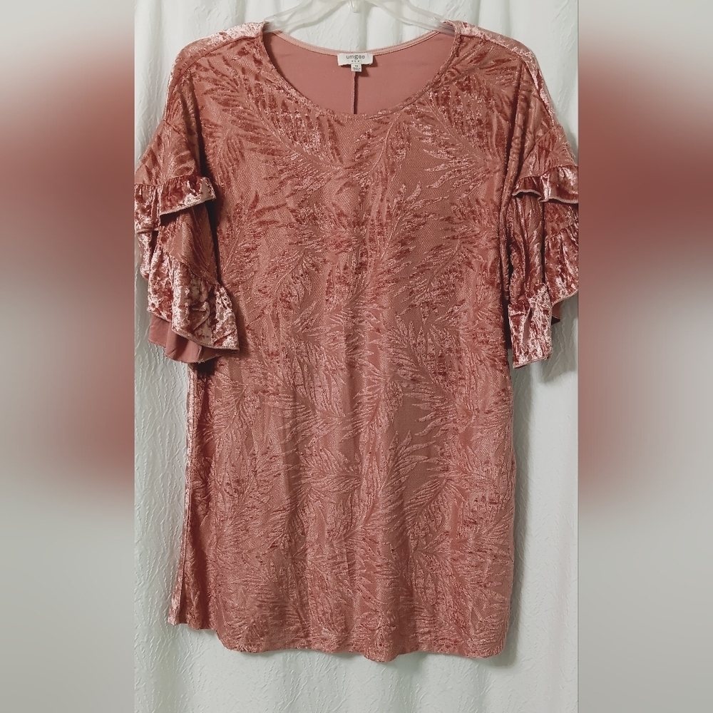 Umgee Dress Pink Velvet Ruffle Sleeve Leaf Print Dress Womens Size M